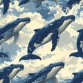 Whales swimming in the ocean, blue and white pattern Royalty Free Stock Photo
