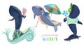 Whales on vacation. Cute sea animals characters spend summer holidays. Surfing, eating ice cream and sweets, tanning, riding a ska