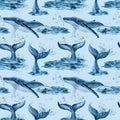 Whales watercolor, nature background, seamless pattern