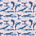 Whales watercolor, nature background, seamless pattern