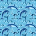 Whales watercolor, nature background, seamless pattern