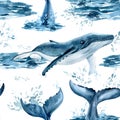 Whales watercolor, nature background, seamless pattern