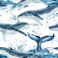 Whales watercolor, nature background, seamless pattern