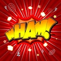 Wham illustration - yellow and orange text, red background