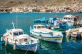 Wharf and cosy traditional Greek boats in Greece Royalty Free Stock Photo