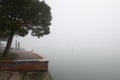 Wharf in quit bay, foggy weather, italian island Burano, province of Venice, Italy. Little beautiful dock with tree Royalty Free Stock Photo