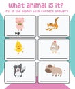 Printable quiz card for kids. Guess and write the animalÃ¢â¬â¢s name you see on this worksheet.