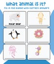 Printable quiz card for kids. Guess and write the animalÃ¢â¬â¢s name you see on this worksheet.