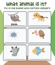 Printable quiz card for kids. Guess and write the animalÃ¢â¬â¢s name you see on this worksheet.