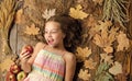 What an apple. Little girl enjoy eating apples. Vitamin food for healthy growth. Small girl likes taste of apple fruits Royalty Free Stock Photo