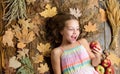 What an apple. Little girl enjoy eating apples. Vitamin food for healthy growth. Small girl likes taste of apple fruits Royalty Free Stock Photo