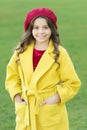 What a beauty. beauty and fashion. autumn coat. parisian girl kid in french beret. cheerful little girl in yellow coat