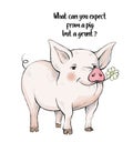 What can you expect from a pig but a grunt Cute piglet with rosy pink cheeks is standing on the grass. In the mouth eats