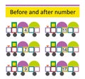 What comes Before and After. Math worksheets for kids. Vector illustration of cartoon train Royalty Free Stock Photo