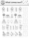 What comes next. Birthday black and white matching activity for preschool children with traditional holiday symbols. Funny outline