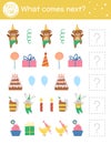 What comes next. Birthday matching activity for preschool children with traditional holiday symbols. Funny educational puzzle.