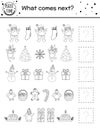 What comes next. Christmas black and white matching activity for preschool children with traditional holiday symbols. Funny