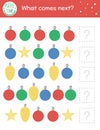 What comes next. Christmas matching activity for preschool children with traditional holiday symbols. Funny educational puzzle