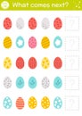 What comes next with colored decorated eggs. Easter matching activity for preschool children with traditional holiday symbols.