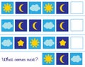 What comes next. Continue the row. Educational children game. Study logic for toddlers. Weather symbols