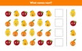 What comes next. Continue the sequence. Fruits. Worksheet for kids kindergarten preschool and school age