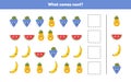 What comes next. Continue the sequence. Fruits. Worksheet for kids kindergarten preschool and school age