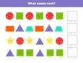 What comes next. Continue the sequence. Geometric shapes. Worksheet for kids kindergarten, preschool and school age