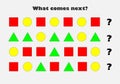 What comes next with different colorful geometric shapes for children, fun education game for kids, preschool worksheet activity,