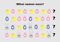 What comes next with easter pictures egg, bunny, chick for children, fun education game for kids, preschool worksheet activity,