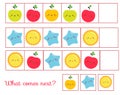 What comes next educational children game. Kids activity sheet, continue the row of cute symbols