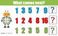 What comes next educational children game. Kids activity sheet, continue the row task. Mathematics game