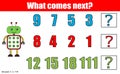 What comes next educational children game. Kids activity sheet, continue the row task. Mathematics