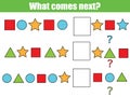 What comes next educational children game. Kids activity sheet, continue the row task Royalty Free Stock Photo