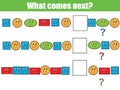 What comes next educational children game. Kids activity sheet, continue the row task