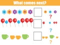 What comes next educational children game. Kids activity sheet, continue the row task