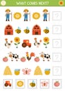 What comes next. Farm matching activity for preschool children with traditional country symbols and characters. Funny rural