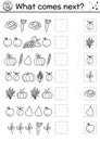 What comes next. Matching black and white activity for kids with autumn fruit and vegetables. Line fall puzzle. Logical worksheet