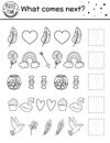 What comes next. Valentine day black and white matching activity for preschool children with traditional holiday symbols. Funny