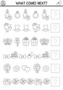 What comes next. Wedding black and white matching activity for preschool kids with traditional symbols. Funny Marriage line puzzle