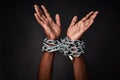 What is it that controls you. a mans hands tied up with chains against a black background. Royalty Free Stock Photo