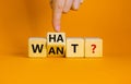 What do you want symbol. Businessman turns cubes and changes the word `want` to `what`. Beautiful orange background, copy spac