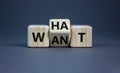 What do you want symbol. Turned cubes and changed the word `want` to `what`. Beautiful grey background, copy space. Business,