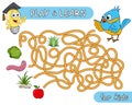 What does the bird eat. Help the bird to find the right way in maze and learn that birdie like to eat. Maze Game with Solution.