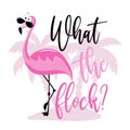 What the flock?- funny phrase with flamingo on island. Royalty Free Stock Photo