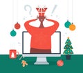 What gift to choose concept. Shocked man in a New Year or Christmas suit chooses gifts on computer screen. Flat cartoon Vector
