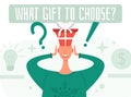 What gift to choose concept. Shocked man in a New Year or Christmas suit chooses gifts. Isolated New Year male. Flat cartoon