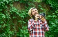 What a great day. reporter make photo. vintage camera. capture these memories. SLR camera. hipster man with beard use Royalty Free Stock Photo