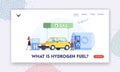 What is Hydrogen Fuel Landing Page Template. Green Energy, Biodiesel. Driver Characters Refueling Car on Station Concept