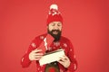 What is inside. Portrait of positive bearded man feel festive. enjoy xmas celebration. Christmas day concept. man Royalty Free Stock Photo