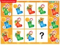 What item are missing? Christmas Socks or Christmas boots with gifts, toys and sweets. New year. Logic puzzle game for kids.